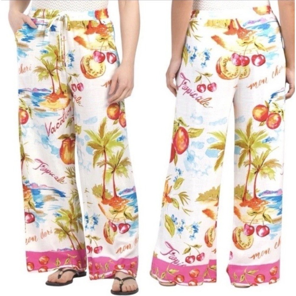 Label Of Love Anthropologie Womens M Tropical Wide Leg Linen Blend Resort Pants